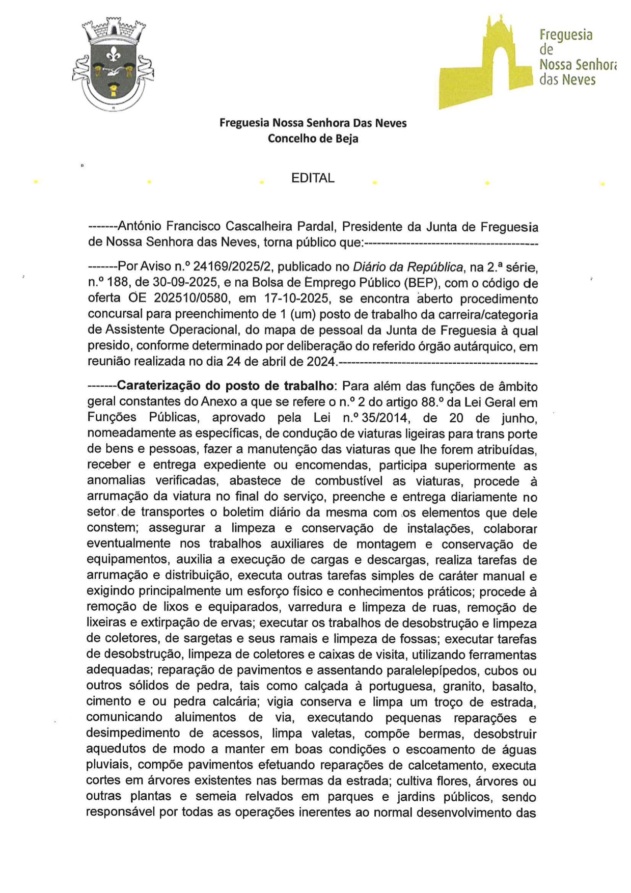 Abertura de Concurso para 1 lugar de Assistente Operacional