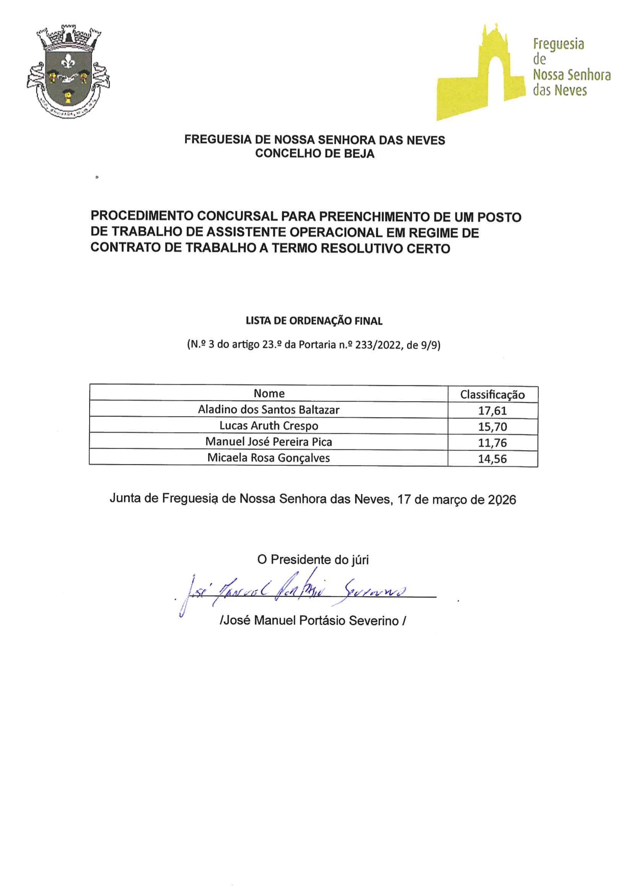 Procedimento Concursal para Preenchimento de um Posto de Trabalho de Assistente Operacional em Regime de Contrato de Trabalho a Termo Resolutivo Certo - Lista de Ordenação
