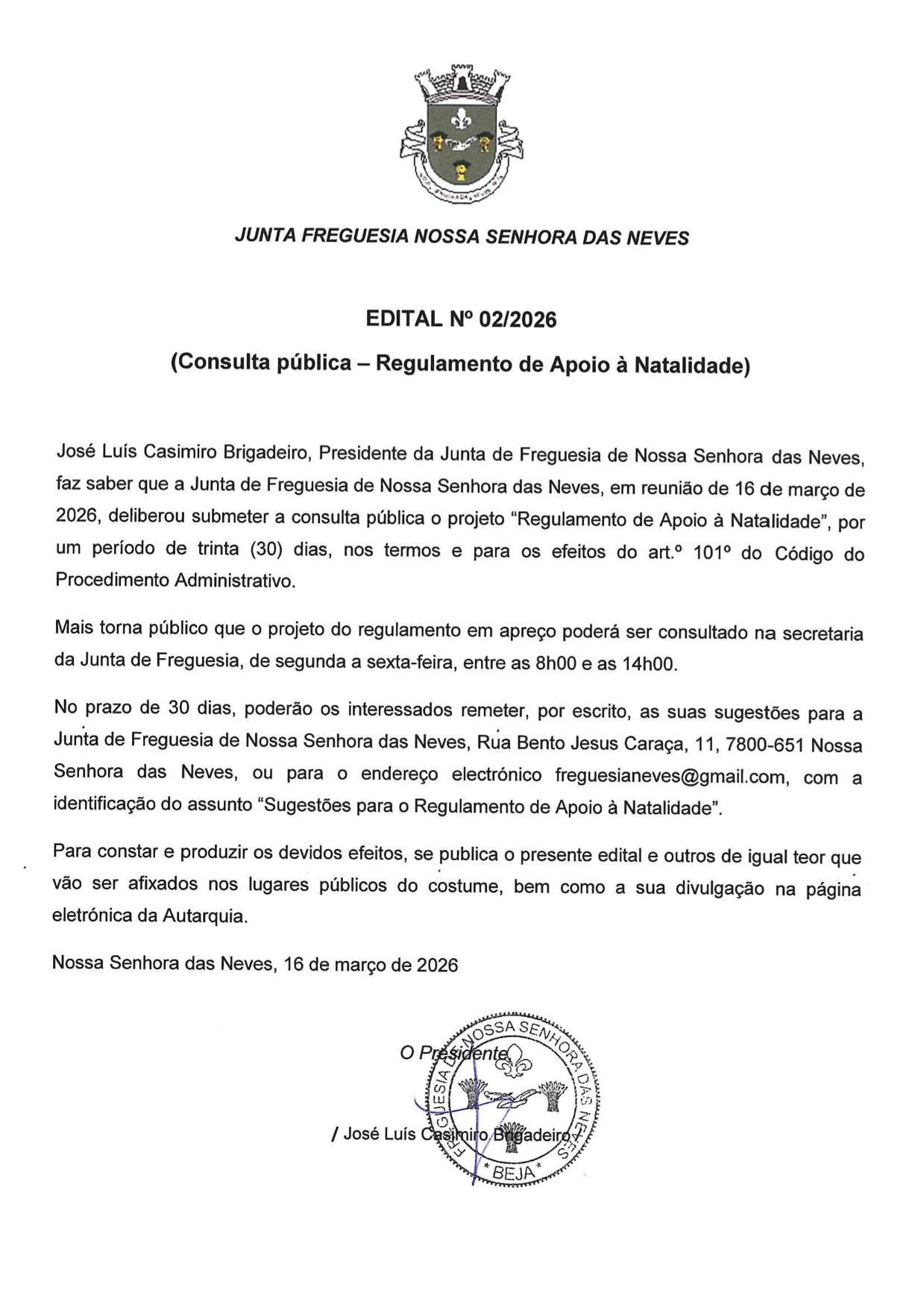 Edital de 16 de Março de 2026