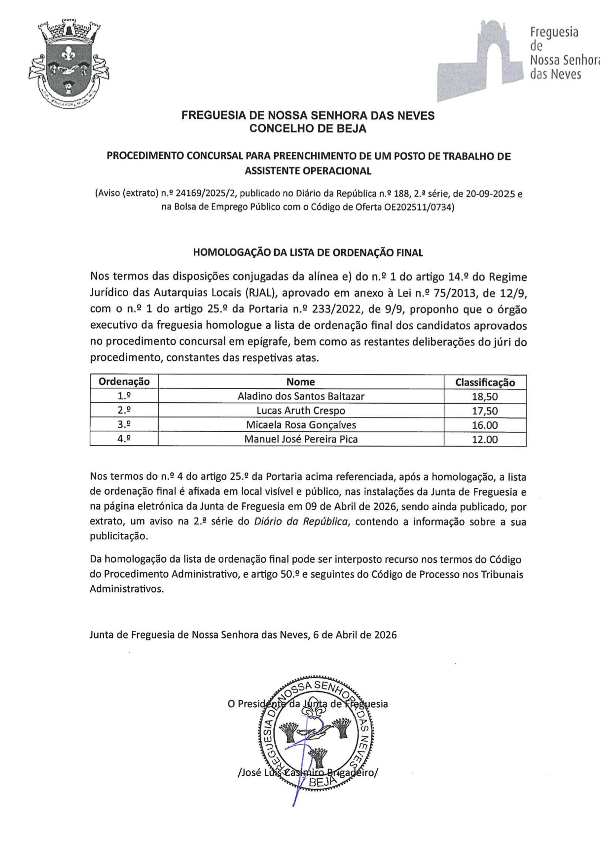 Procedimento Concursal: Homologação da Lista de Ordenação Final