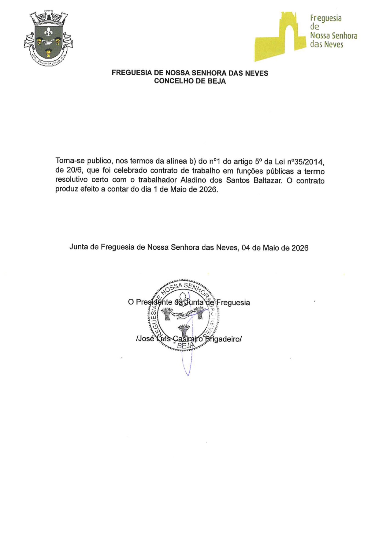 Celebração de Contrato de Trabalho em Funções Públicas