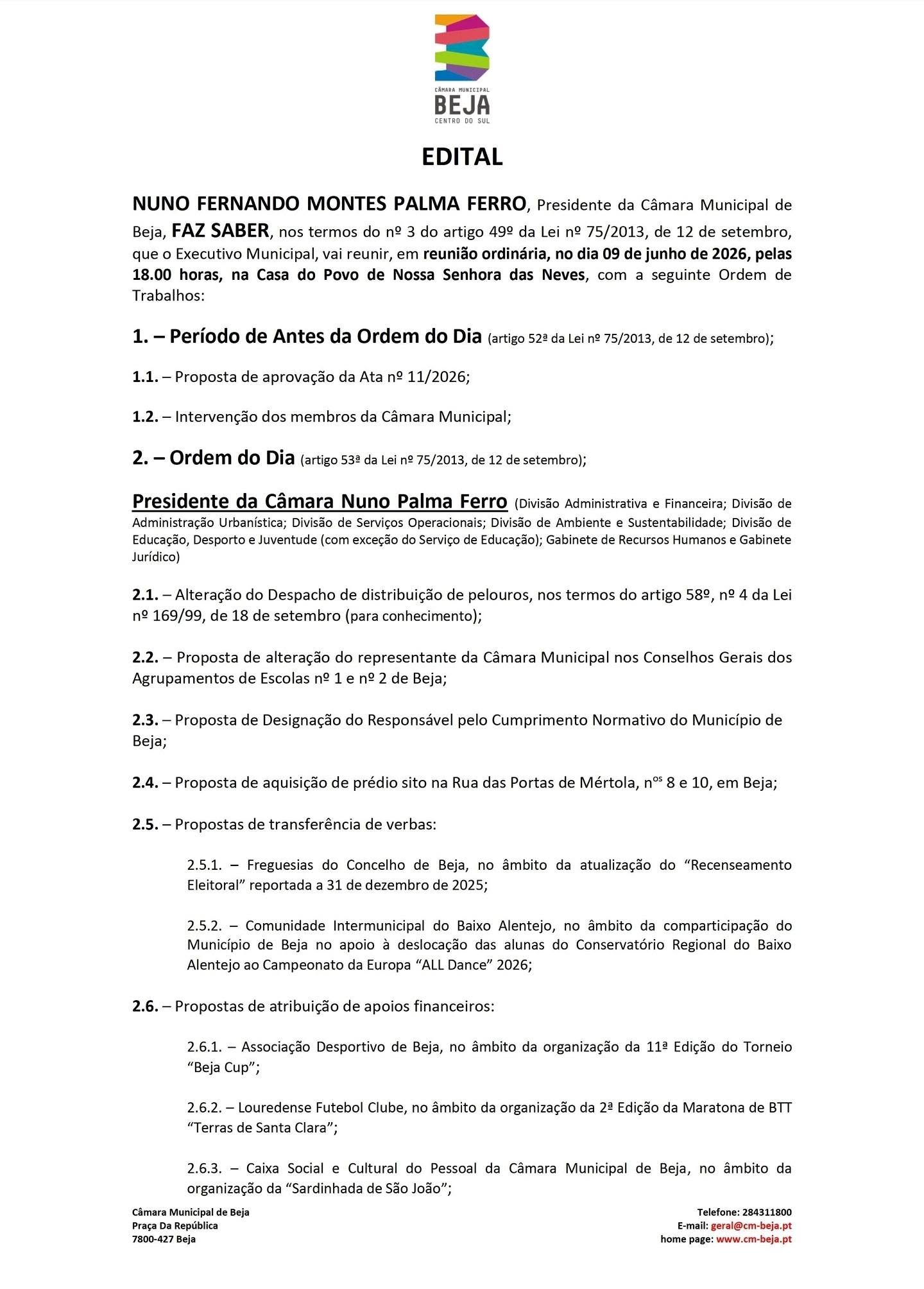 Reunião Ordinária da Câmara Municipal de Beja